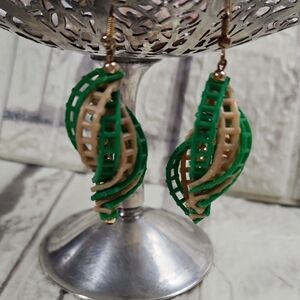 Green and Tan plastic Dangling Earrings with Leaf Shape and Openwork Design